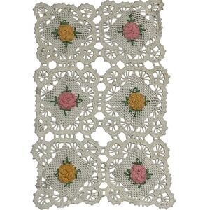 Vintage Crochet Pair Doilies yellow pink White floral oblong 10 x 7‎ granny core